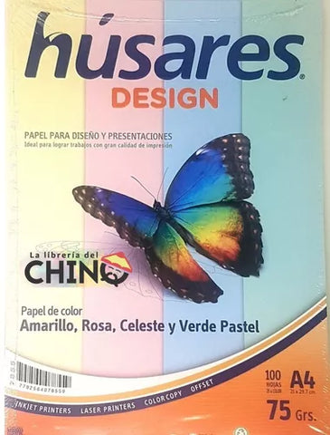 Resma Husares 100 Hojas A4 - 4 Colores Pastel - 75grs.